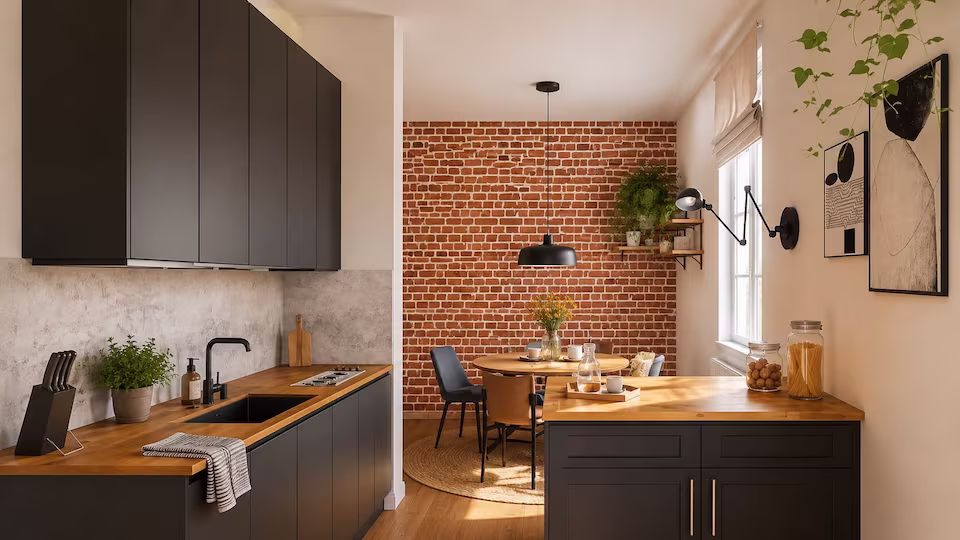 wohnküche im industrial stil mit ikea-küche in anthrazit