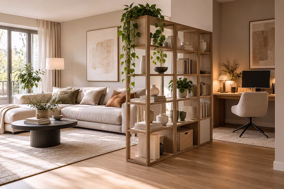 Modernes Wohnzimmer mit Arbeitsbereich, der durch ein offenes Regal abgegrenzt wird