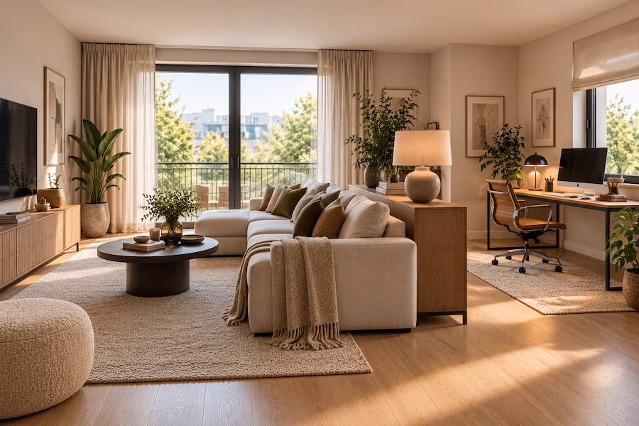 Gemütliches Wohnzimmer mit Arbeitsbereich, der durch Sideboard hinter dem Sofa räumlich abgetrennt ist