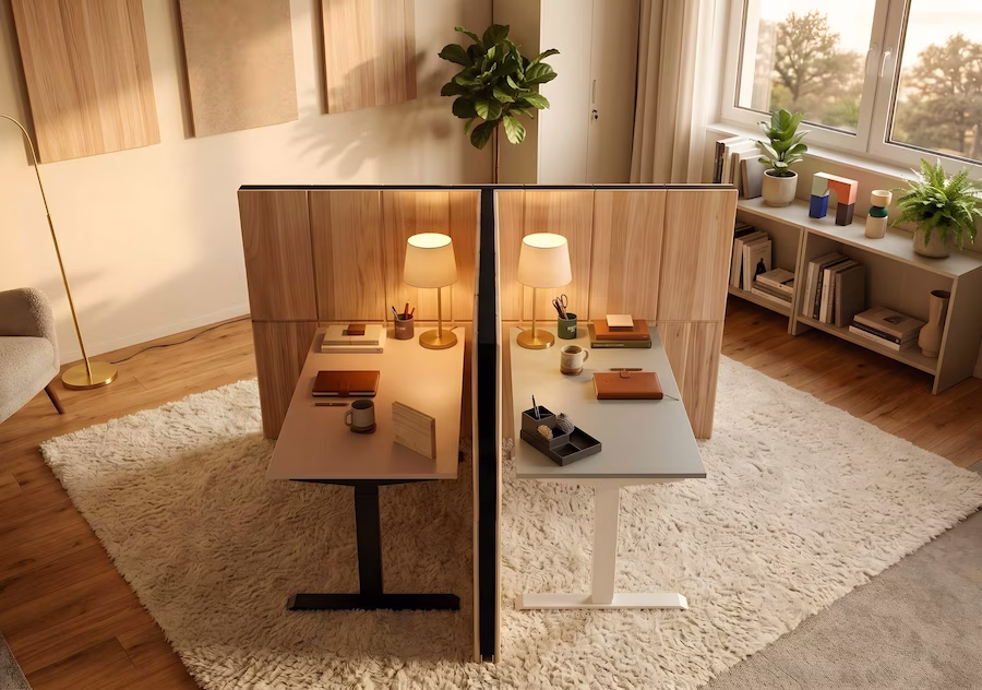 Modularer Raumteiler in Arbeitszimmer mit zwei Schreibtischen