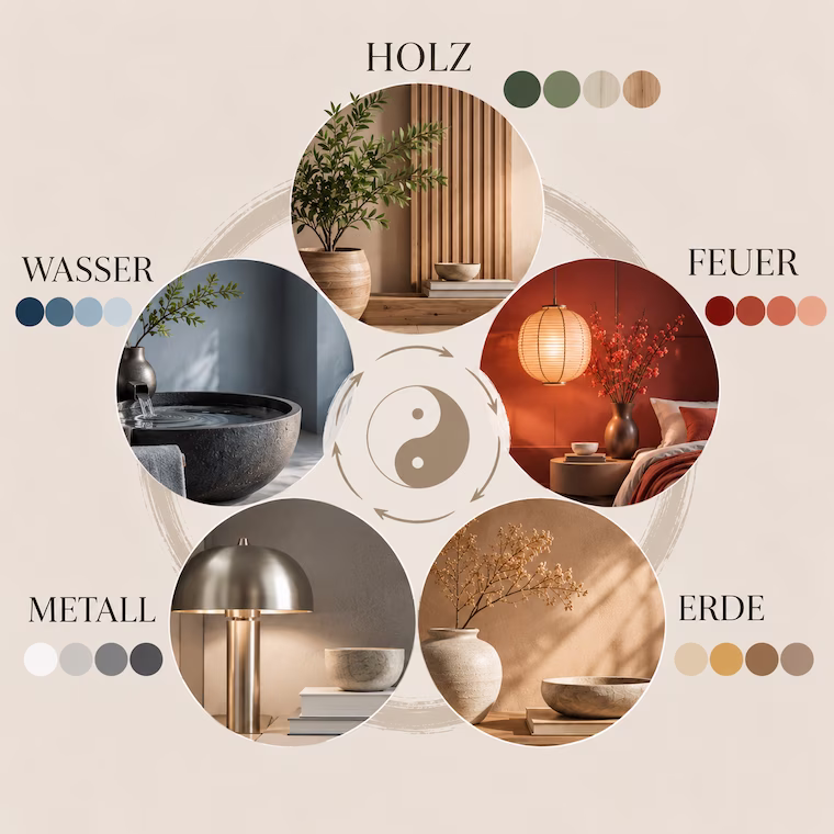 5 feng shui elemente feuer, erde, wasser, holz und metall