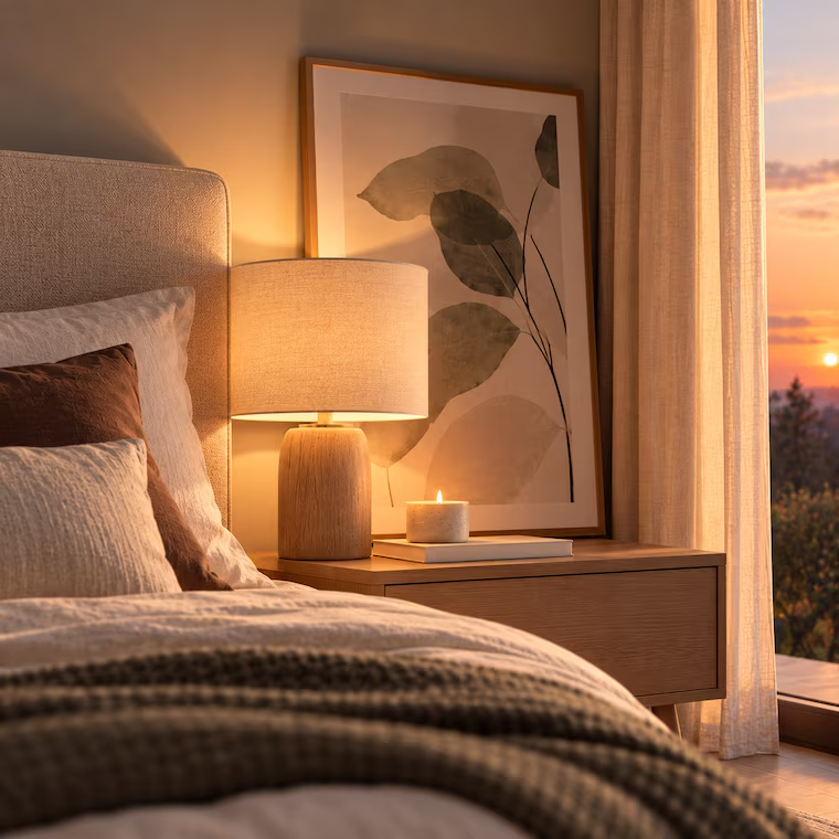 Dezente Nachttisch Dekoration fürs Feng Shui Schlafzimmer mit Wandbild, Tischleuchte und Kerze