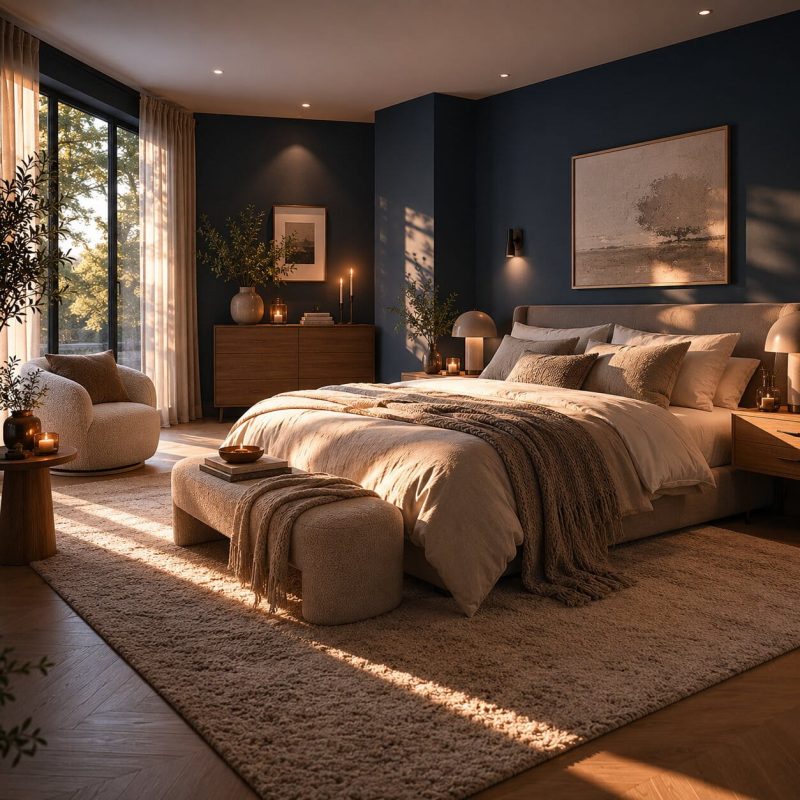 Gemütliches Schlafzimmer mit Wänden in dunkelblau und modernem Polsterbett in grau