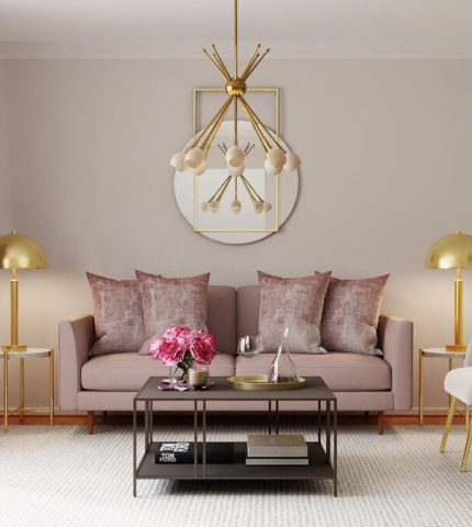 wohnzimmer mit rosa sofa und eleganten lampen im glamourösen einrichtungsstil